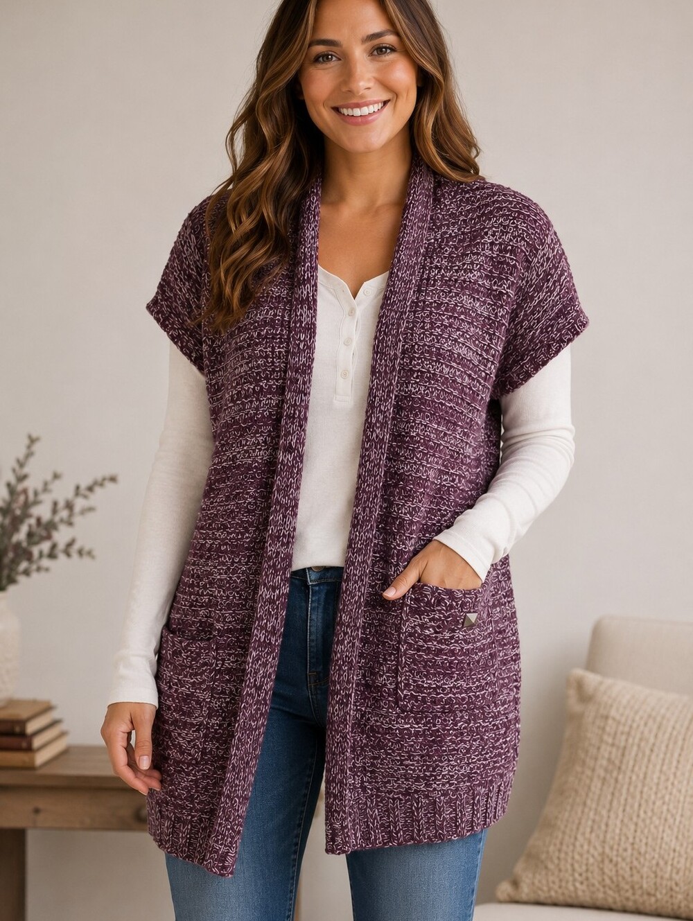 Mudd Marled Purple Open Front Knit Cardigan Sweater Vest XL